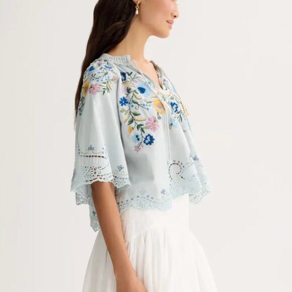 SEA New York Blue Embroidered Crop Top LARGE Boho Cottage Designer Boho $400 - Picture 2 of 11